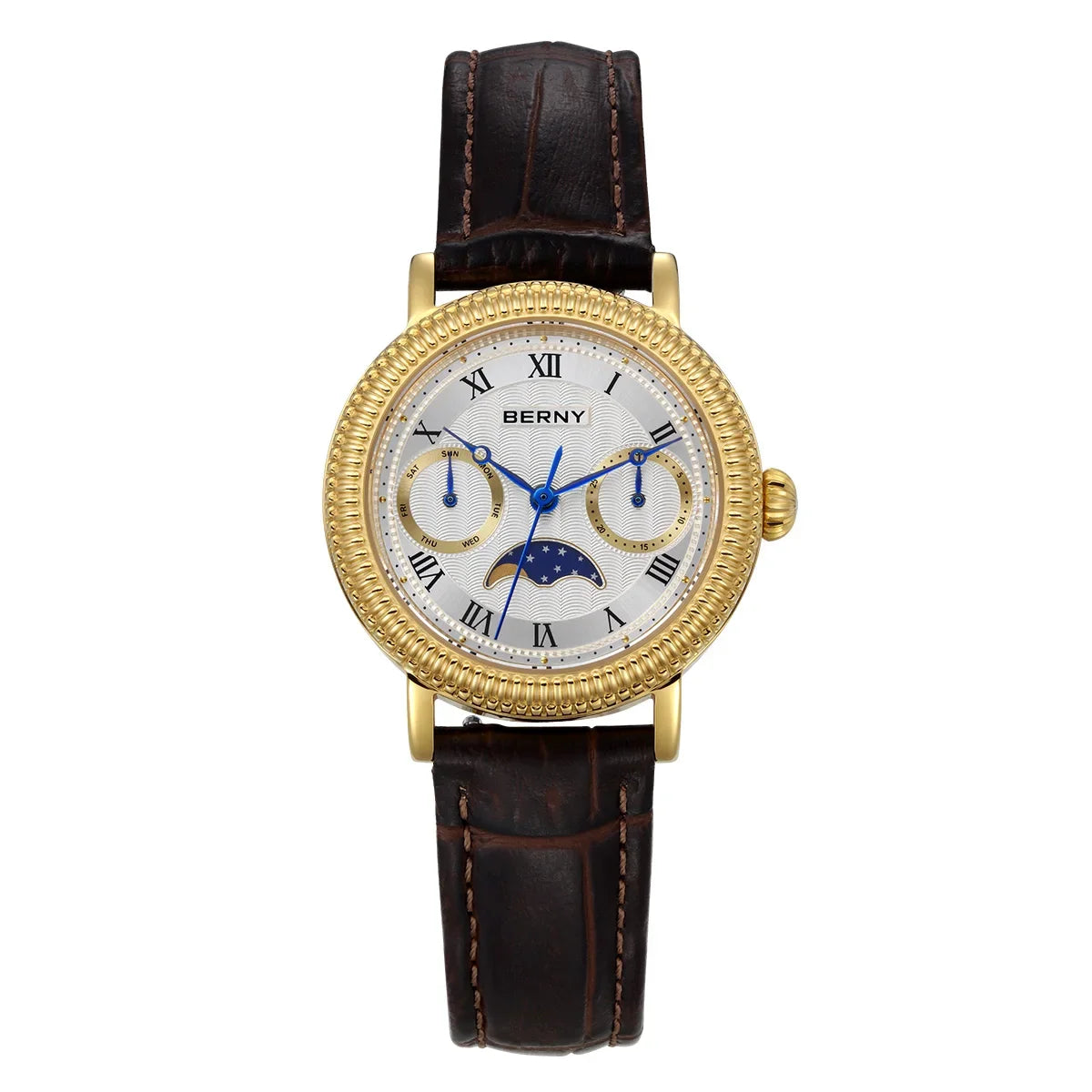 BERNY Women's Watches Luxury Business Dress Watch Moon Phase Elegant Quartz Ladies Wrist Watches Leather Band Stainless Steel
