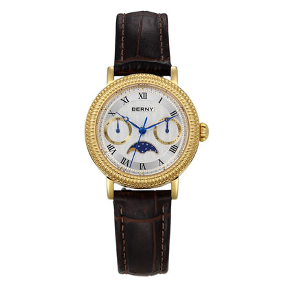 BERNY Women's Watches Luxury Business Dress Watch Moon Phase Elegant Quartz Ladies Wrist Watches Leather Band Stainless Steel