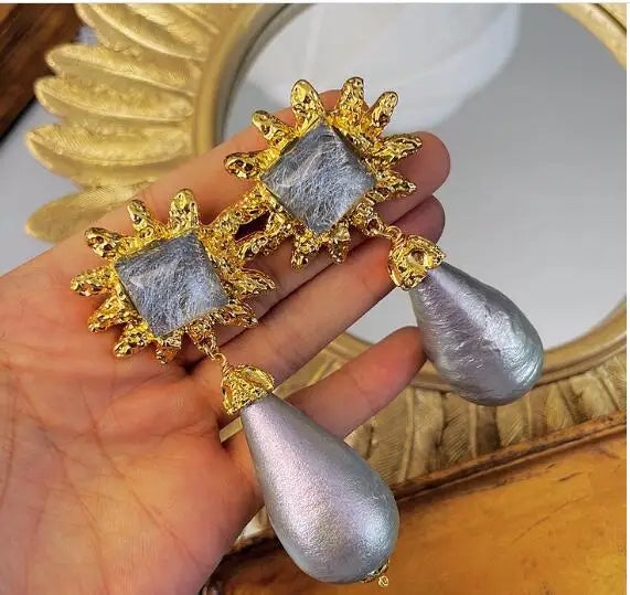 Brass Retro Natural Stone Pearl Necklace Earrings  Women Jewelry Punk Designer Runway Gown Boho Japan Korean