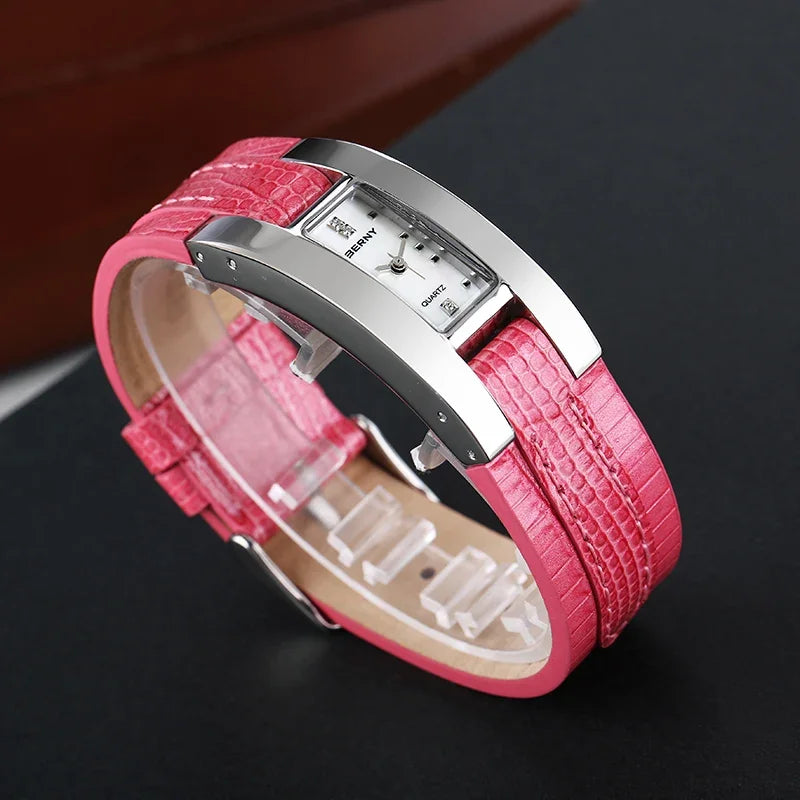 Elegant Small Rectangle Dial Wristwatch with Stainless Steel & Leather Strap, Fashion Casual Ladies Watch