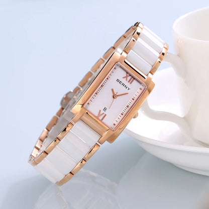 BERNY Women's Watches Calendar Date Elegant Classic Rectangle Ceramics Quartz Ladies Watch Luxury TANK Fashion Women Wristwatch