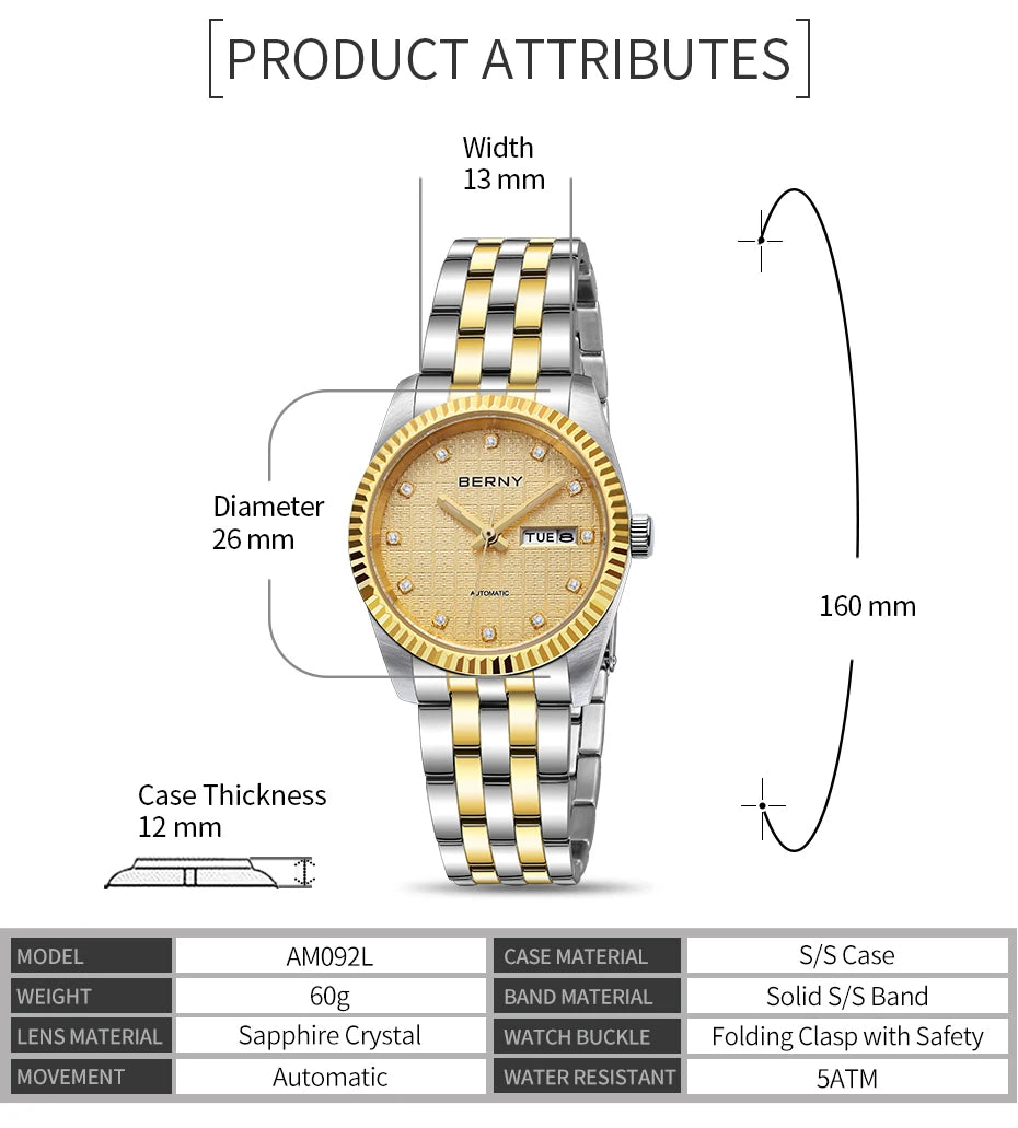 BERNY Mechanical Watch for Women Automatic Ladies Small Watches Chinese Style Happiness Wedding Sapphire Full Stainless steel