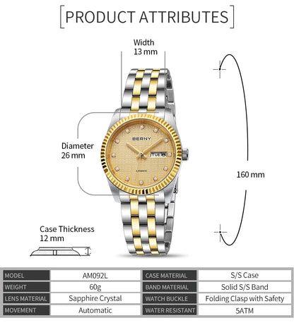 BERNY Mechanical Watch for Women Automatic Ladies Small Watches Chinese Style Happiness Wedding Sapphire Full Stainless steel