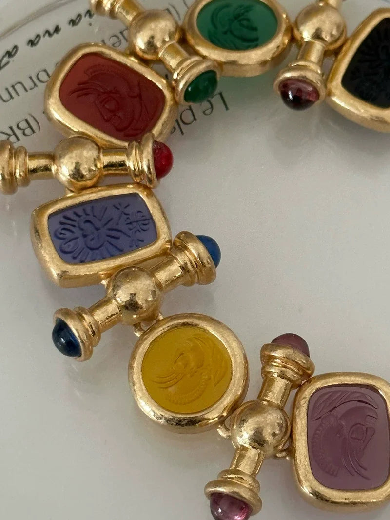 Brass Statement Chunky Colorful Retro Beads Bracelet Women Jewelry Designer T Show Runway Gown Rare INS Japan Korean Trendy