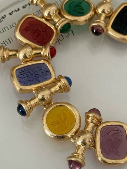 Brass Statement Chunky Colorful Retro Beads Bracelet Women Jewelry Designer T Show Runway Gown Rare INS Japan Korean Trendy