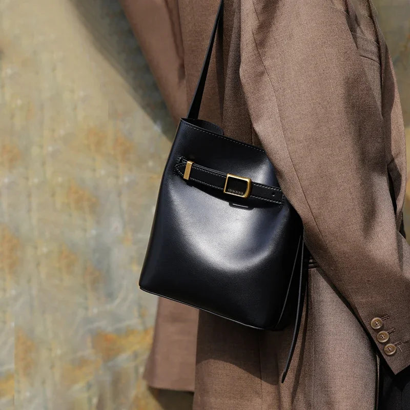 Cow Split Leather Bucket Bag Women Vintage messenger High Quality Simple Handbag Lady Shoulder Bag Luxury Female Crossbody Bags