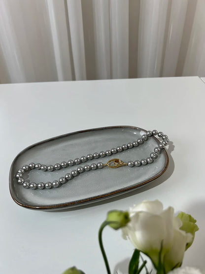 Elegance Gray Pearl Linked  Necklaces Women Jewelry Punk Hiphop Designer Runway Rare  Boho Top Japan Korean