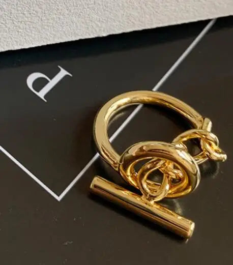 Brass Geo Buckle Chained Rings Punk Style Designer Club Cocktail  Party Gown Amazing Gift Trendy Boho Korean Japan