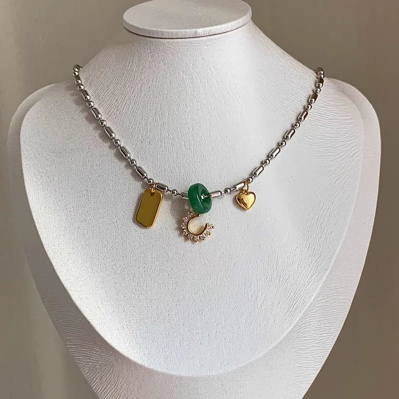 Brass With White Gold Heart  Pearl Jade Charm  Necklace Women Jewelry Party Designer T Show Runway INS