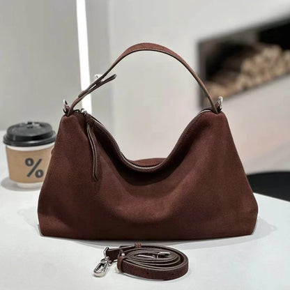 Fashion Autumn Winter Big Boston Tote Soft Matte Suede Cow Leather Women's Handbag Shoulder Crossbody Bag For Women Grey Brown