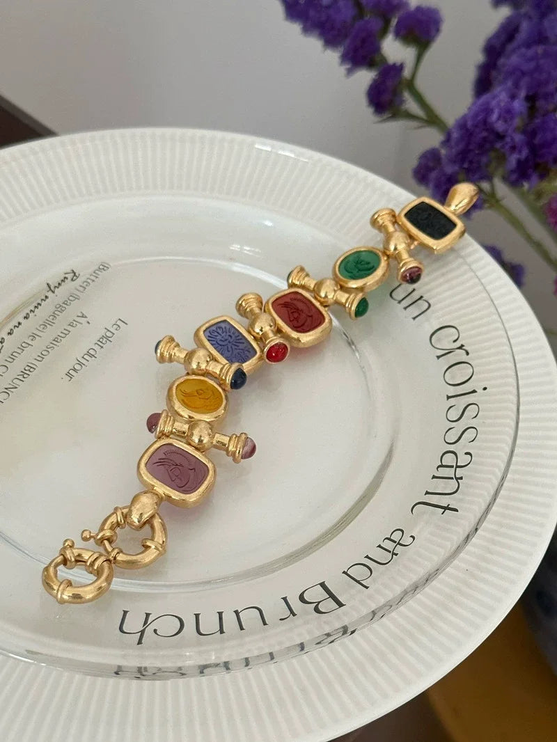 Brass Statement Chunky Colorful Retro Beads Bracelet Women Jewelry Designer T Show Runway Gown Rare INS Japan Korean Trendy
