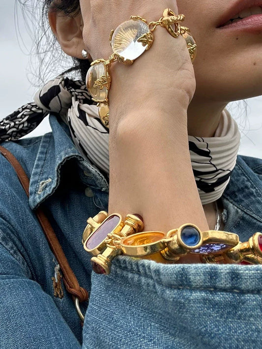 Brass Statement Chunky Colorful Retro Beads Bracelet Women Jewelry Designer T Show Runway Gown Rare INS Japan Korean Trendy