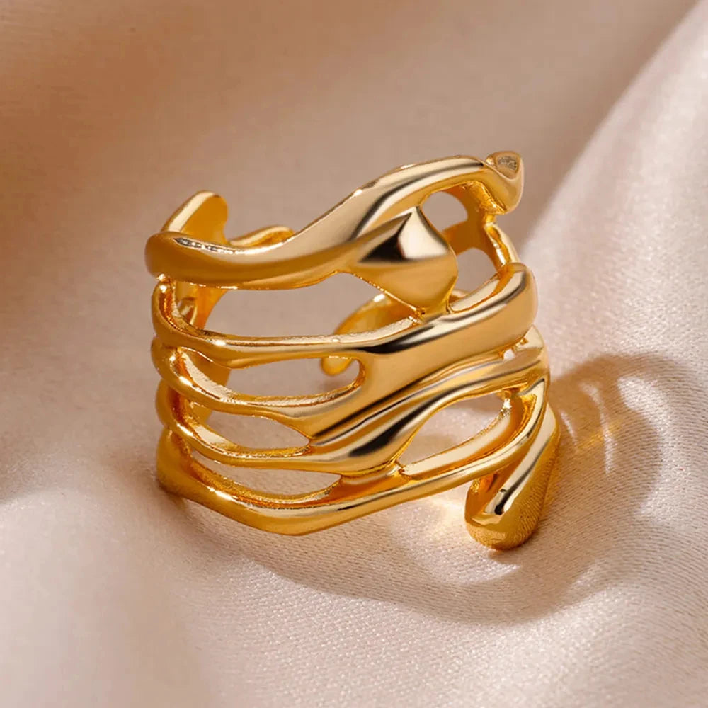 Stainless Steel Rings For Women Men Gold Color Hollow Wide Ring Female Male Party Finger Jewelry Gift 2024 Trend Free Shipping
