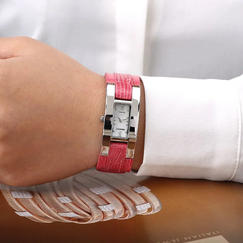 Elegant Small Rectangle Dial Wristwatch with Stainless Steel & Leather Strap, Fashion Casual Ladies Watch