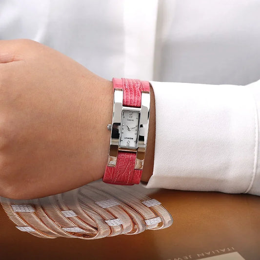 Elegant Small Rectangle Dial Wristwatch with Stainless Steel & Leather Strap, Fashion Casual Ladies Watch