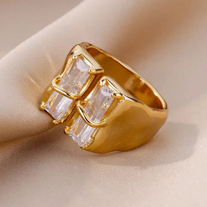 Irregular Square Zircon Ring For Women Stainless Steel Gold Plated Opening Ring Wedding Party Fashion Jewerly Gift Free Shipping