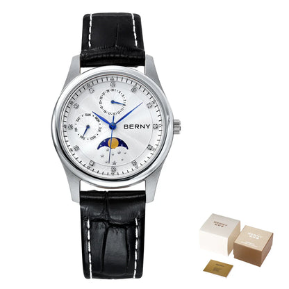 BERNY Women's Watches Calendar Date Week Real Moon Phase Quartz Women Watch Leather Strap Elegant Casual Ladies Girl Wristwatch
