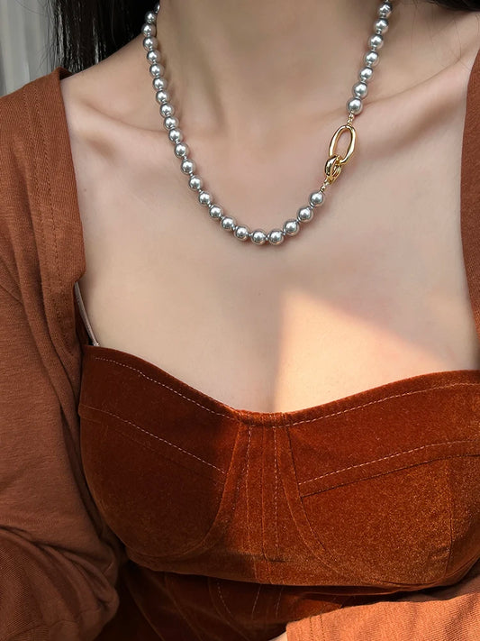 Elegance Gray Pearl Linked  Necklaces Women Jewelry Punk Hiphop Designer Runway Rare  Boho Top Japan Korean