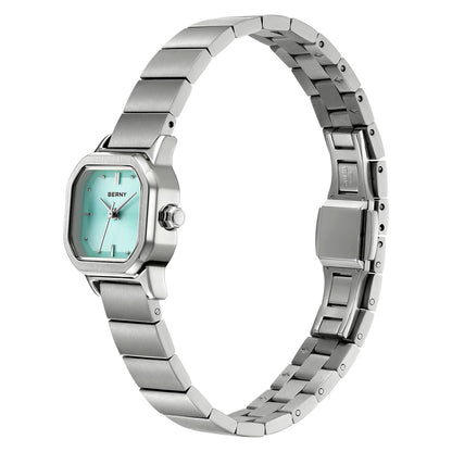 BERNY Watch for Women Silver Full Stainless Steel Square Small Dial Quartz Women's Wristwatch Waterproof Dress Ladies Watches