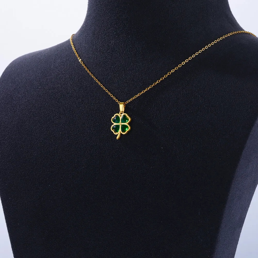 Four Leaf Clover Stainless Steel Necklaces For Women Green Zircon Gold Color Quality Jewelry Pendant Necklace Gift Free Shipping